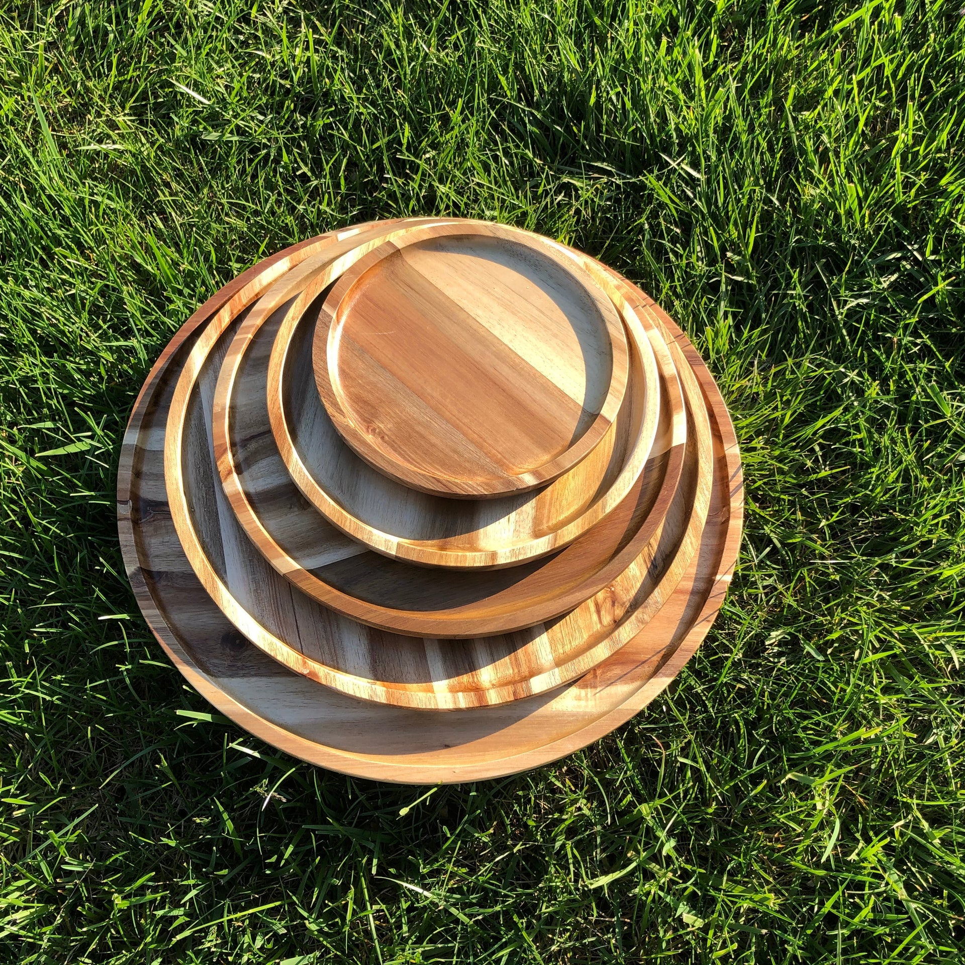 [ Set of 3 ] Zavis Green Acacia Wood Round Stackable Plate / Platter 8