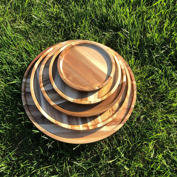 [ Set of 3 ] Zavis Green Acacia Wood Round Stackable Plate / Platter 8