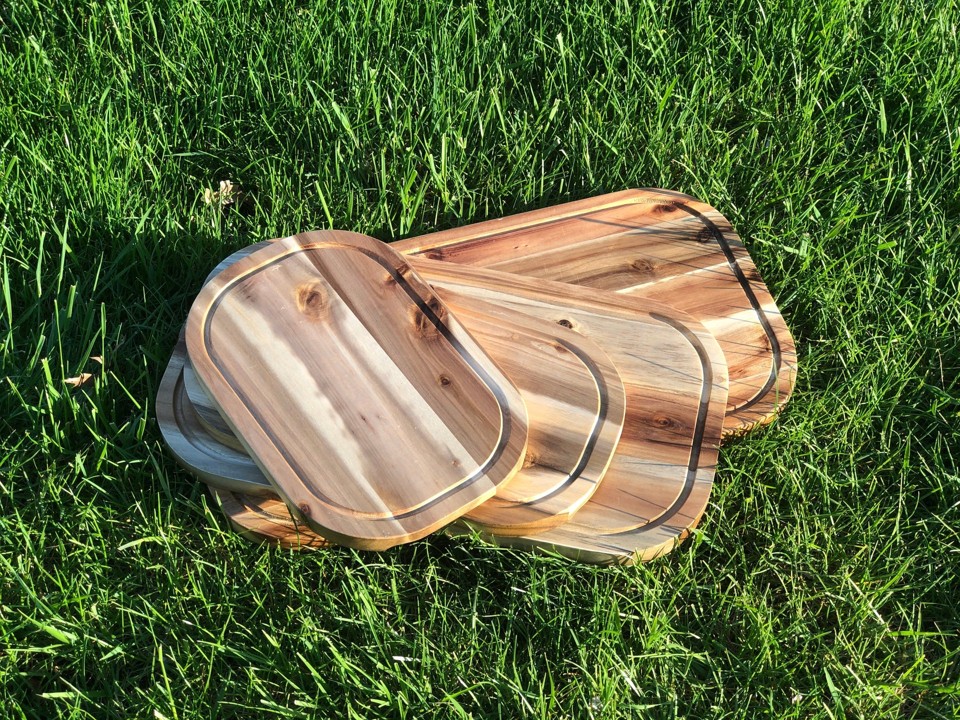 [ Set of 3 ] Zavis Green Acacia Wood Serving Rounded Cutting Board With Juice Groove 20