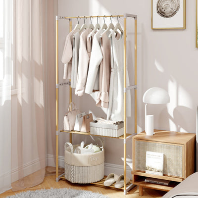 Pine Wood Clothes Rack with 2-Tier Open Storage Shelf for Hanging Clothes-Gray