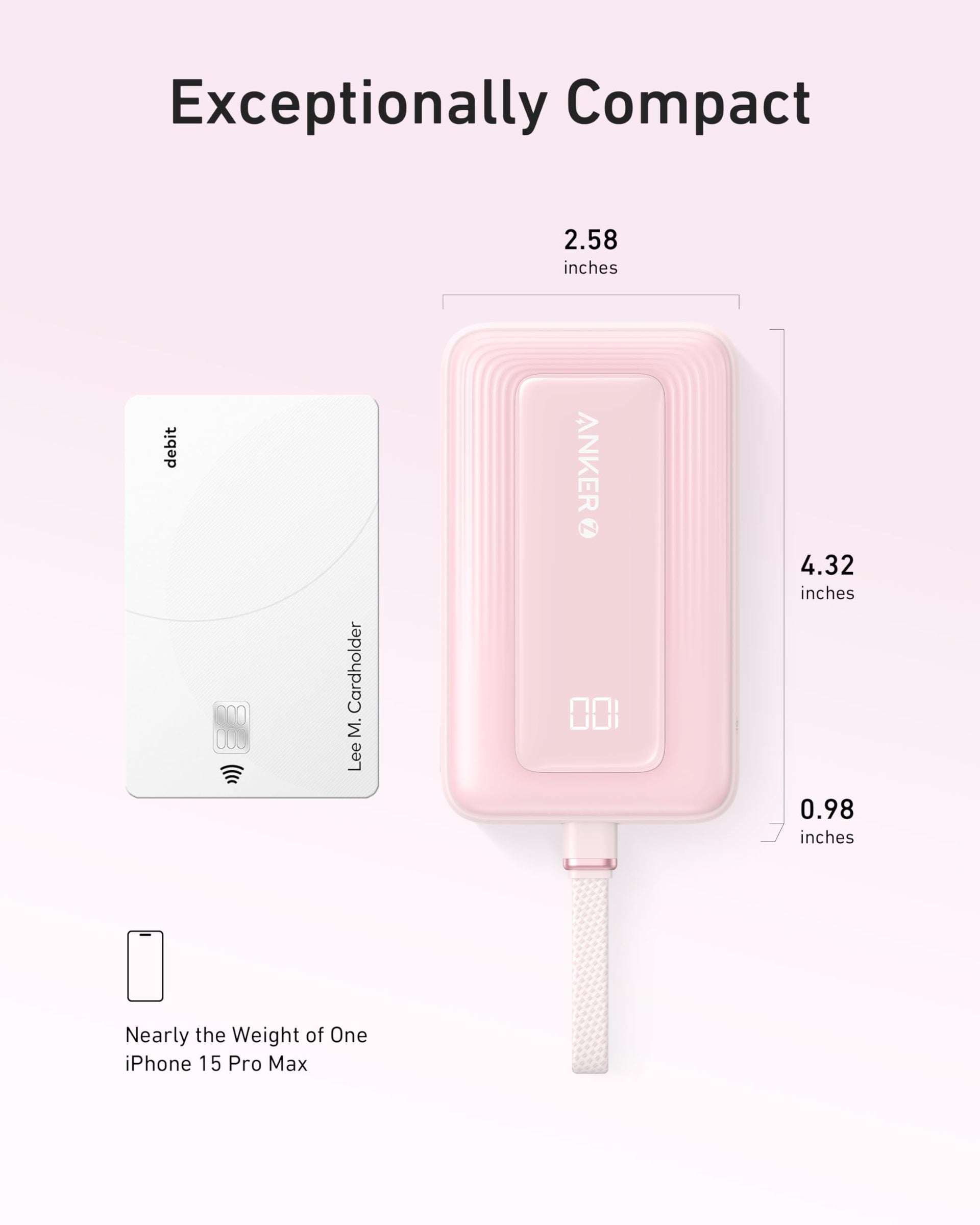 Anker Zolo Power Bank (10K, 30W) with a 5.4-inch (13.7 cm) built-in USB-C cable.