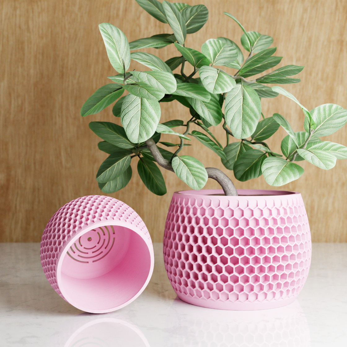 Pink textured plant pot with a plant on a light wooden background