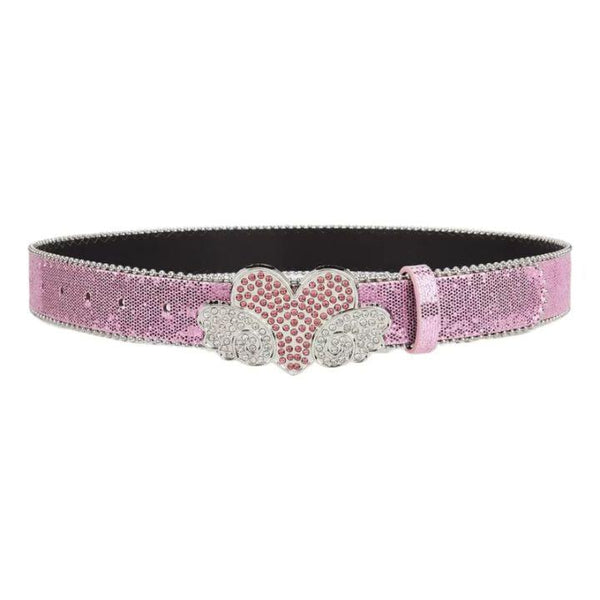 Pink Glitter Heart & Wings Rhinestone Belt – BRS-165
