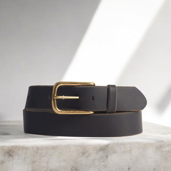 Aria - Tan Leather Dress Belt with Elongated Gold Buckle - Made in Canada NAB Leather