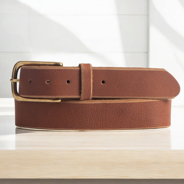 Aria - Tan Leather Dress Belt with Elongated Gold Buckle - Made in Canada NAB Leather