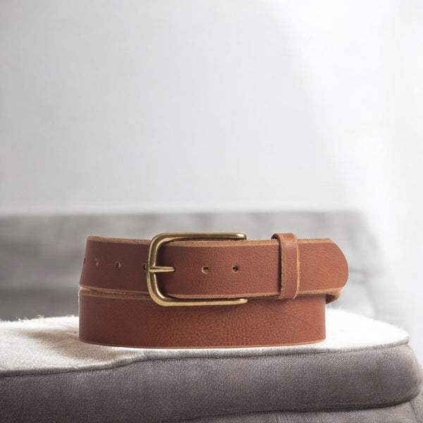 Aria - Tan Leather Dress Belt with Elongated Gold Buckle - Made in Canada NAB Leather
