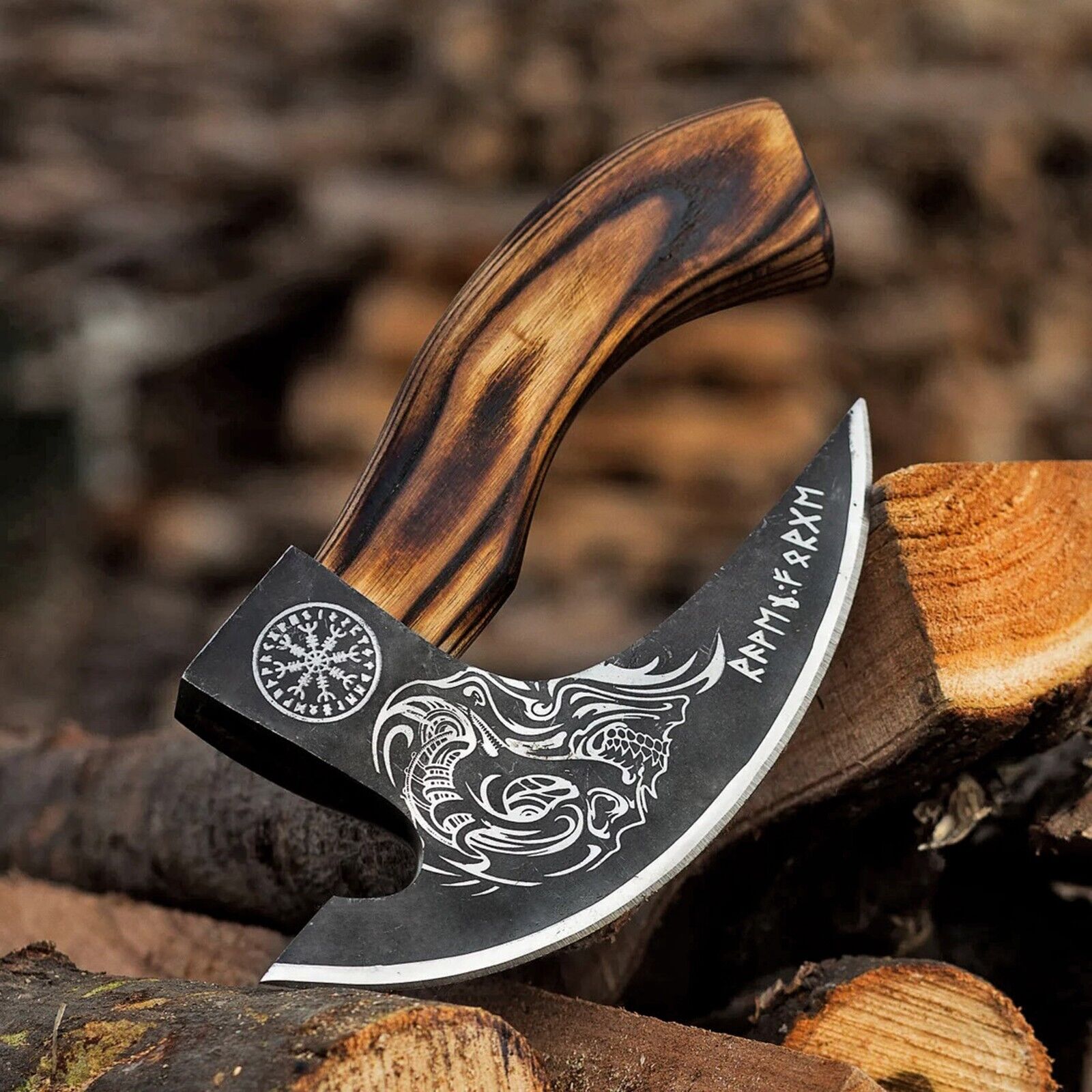 Custom Hand-Engraved Pizza Axe with 8-Inch J2 Steel Blade and Wooden Handle