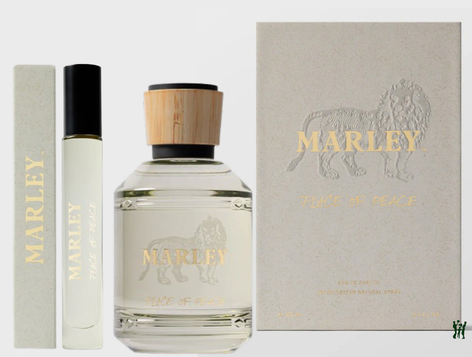Place of Peace for Her Eau De Toilette by Bob Marley. Marley perfume bottle with packaging on a light gray background