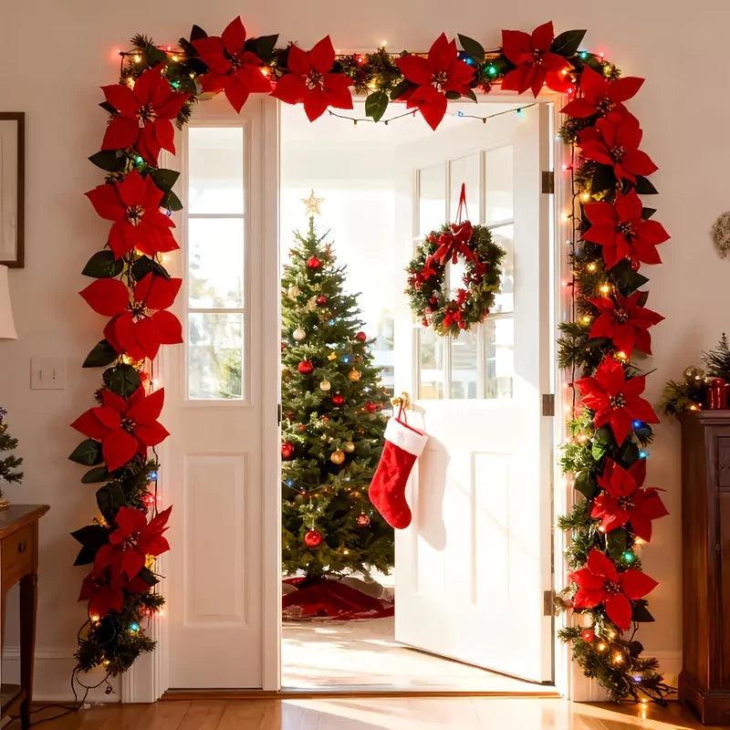 Plastic Artificial Poinsettia Wreath Large with Red Flowers and Green Leaves