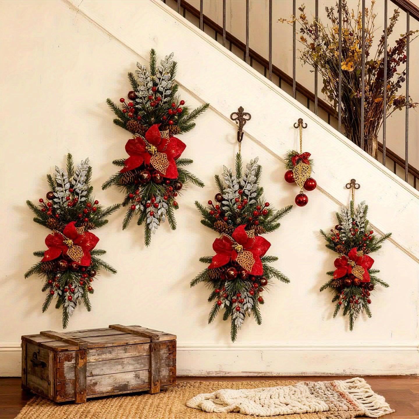 Plastic Christmas Garland 24-Inch Red with Poinsettias & Pine Cones