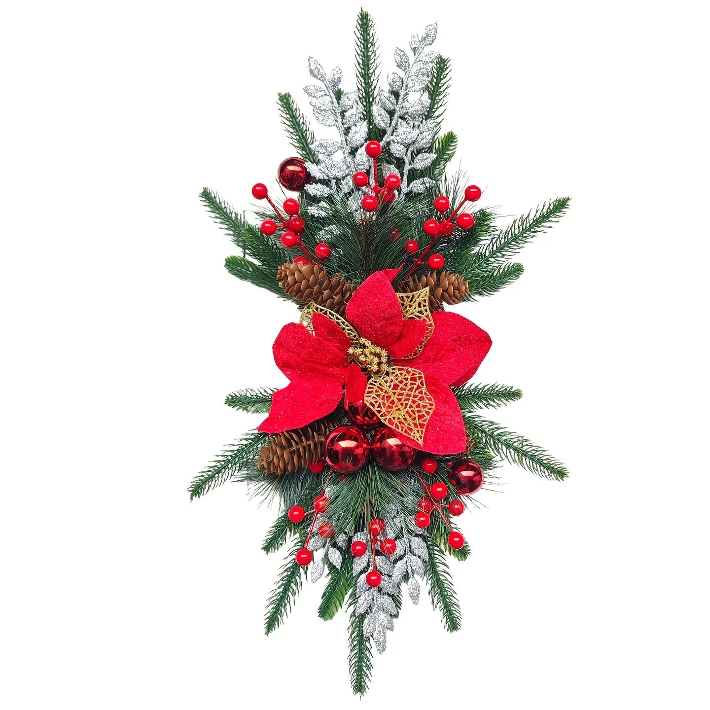 Plastic Christmas Garland 24-Inch Red with Poinsettias & Pine Cones