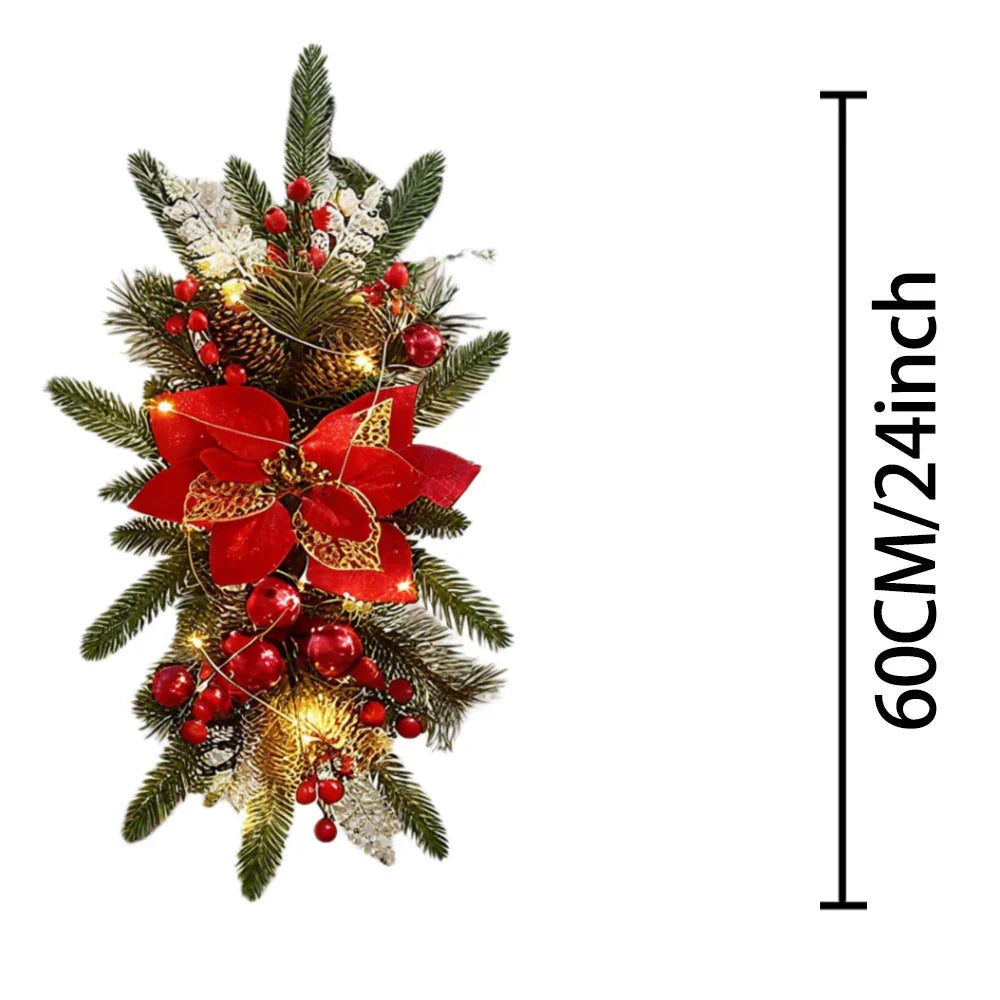 Plastic Christmas Garland 24-Inch Red with Poinsettias & Pine Cones