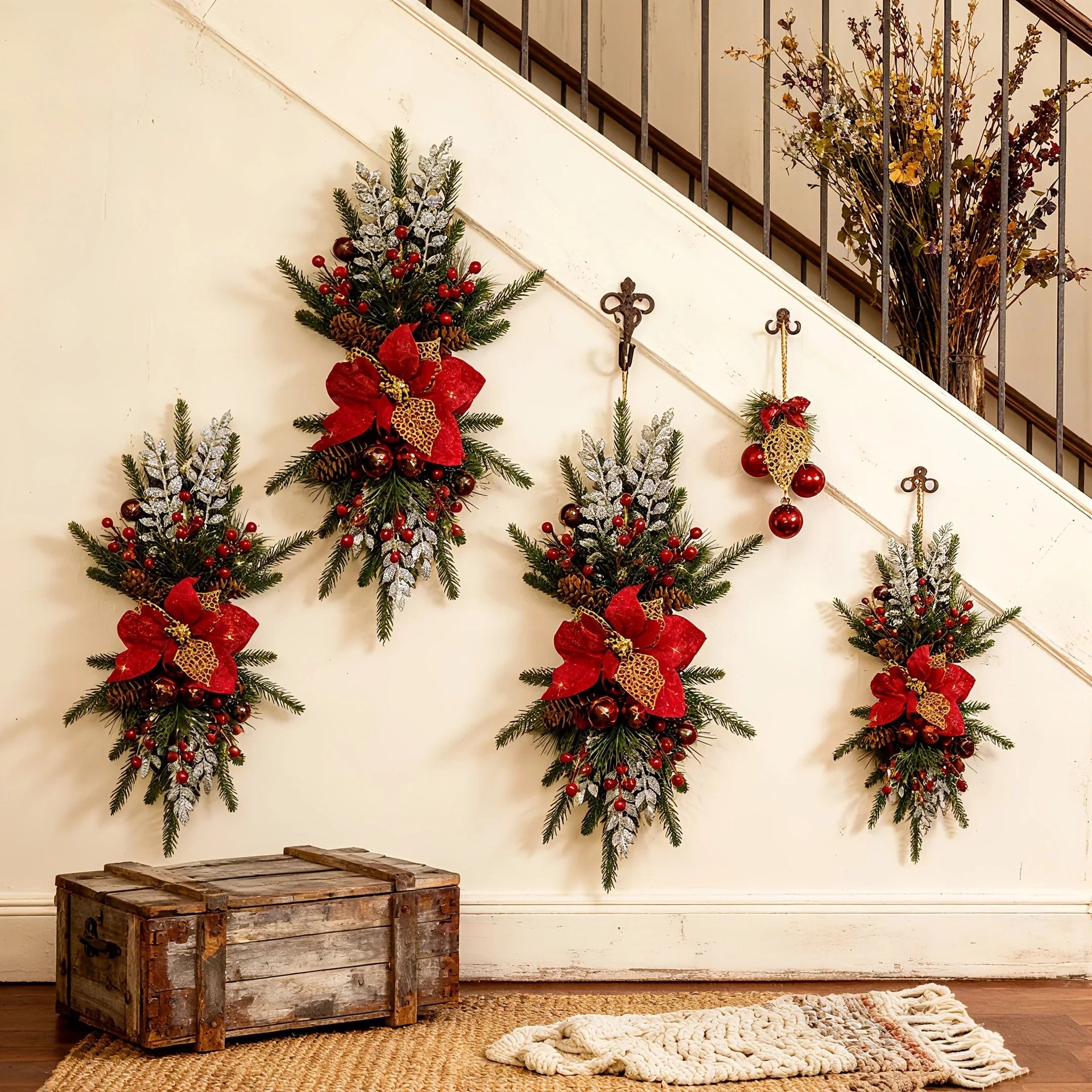 Plastic Christmas Garland 24-Inch Red with Poinsettias & Pine Cones
