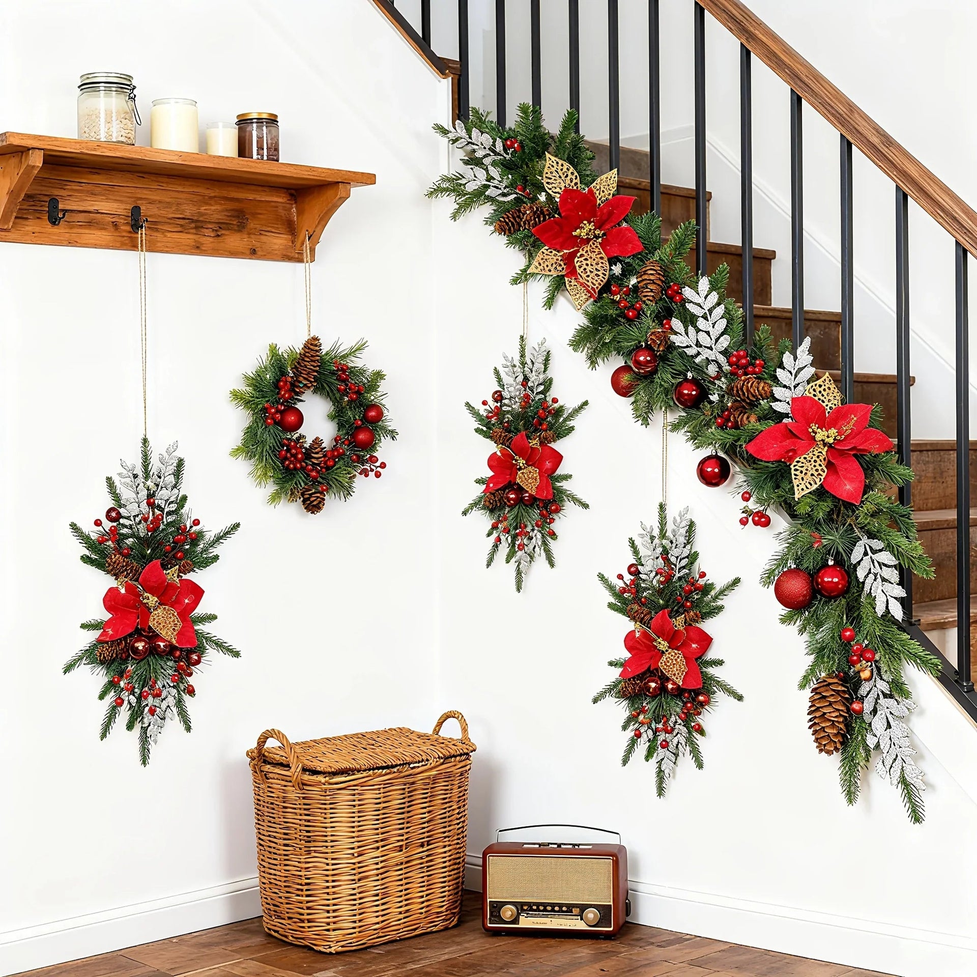 Plastic Christmas Garland 24-Inch Red with Poinsettias & Pine Cones