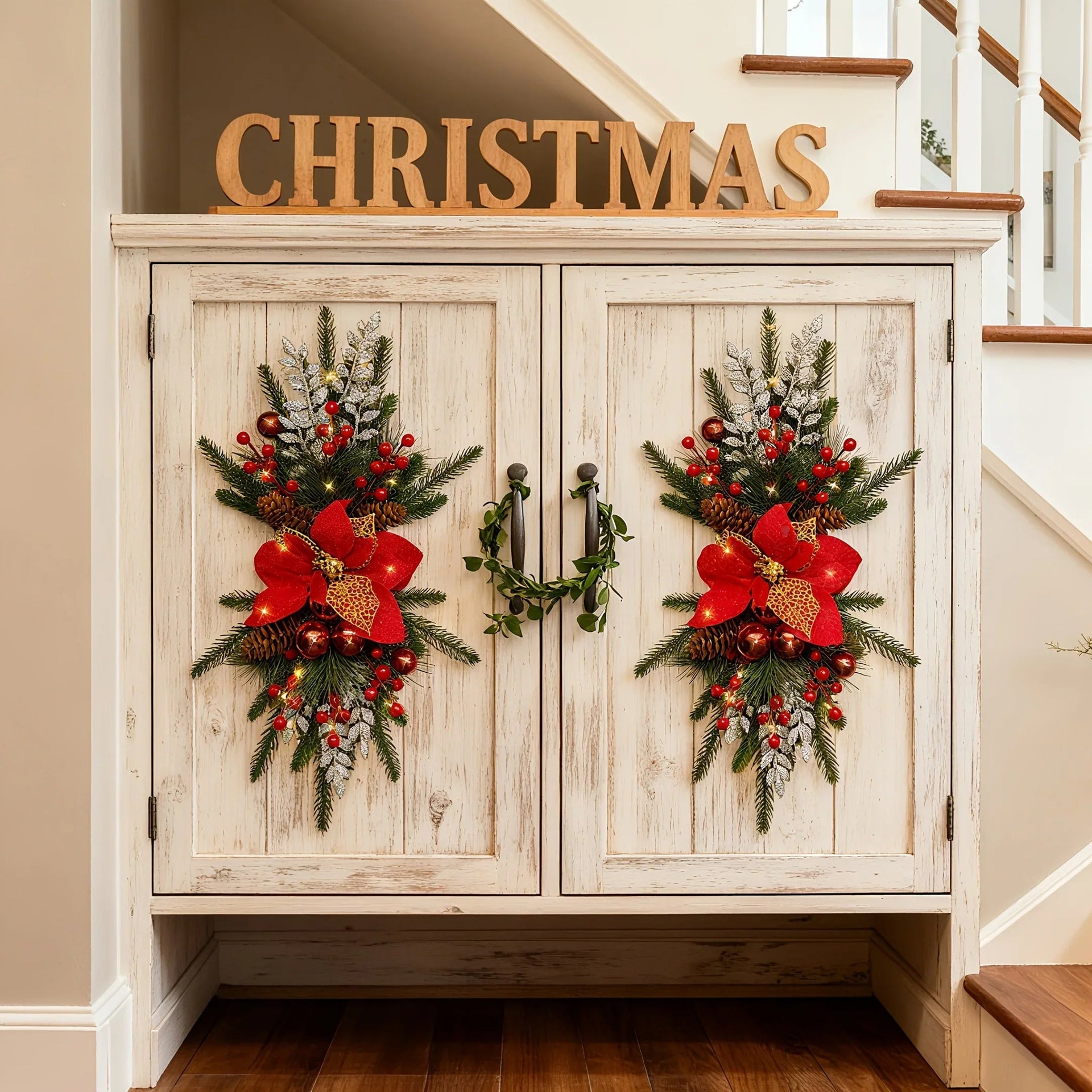 Plastic Christmas Garland 24-Inch Red with Poinsettias & Pine Cones