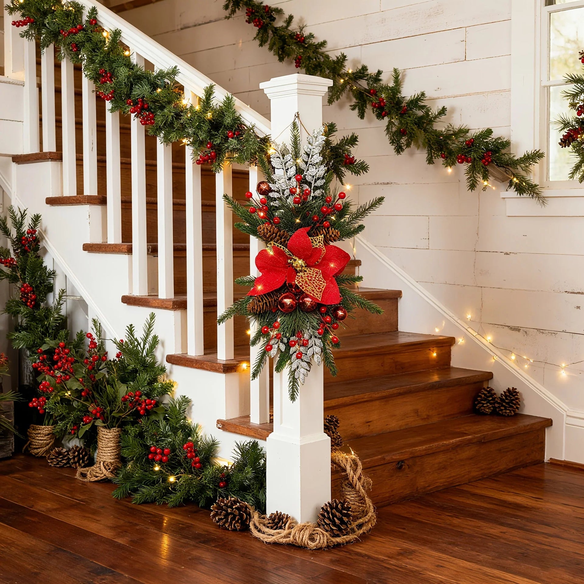 Plastic Christmas Garland 24-Inch Red with Poinsettias & Pine Cones