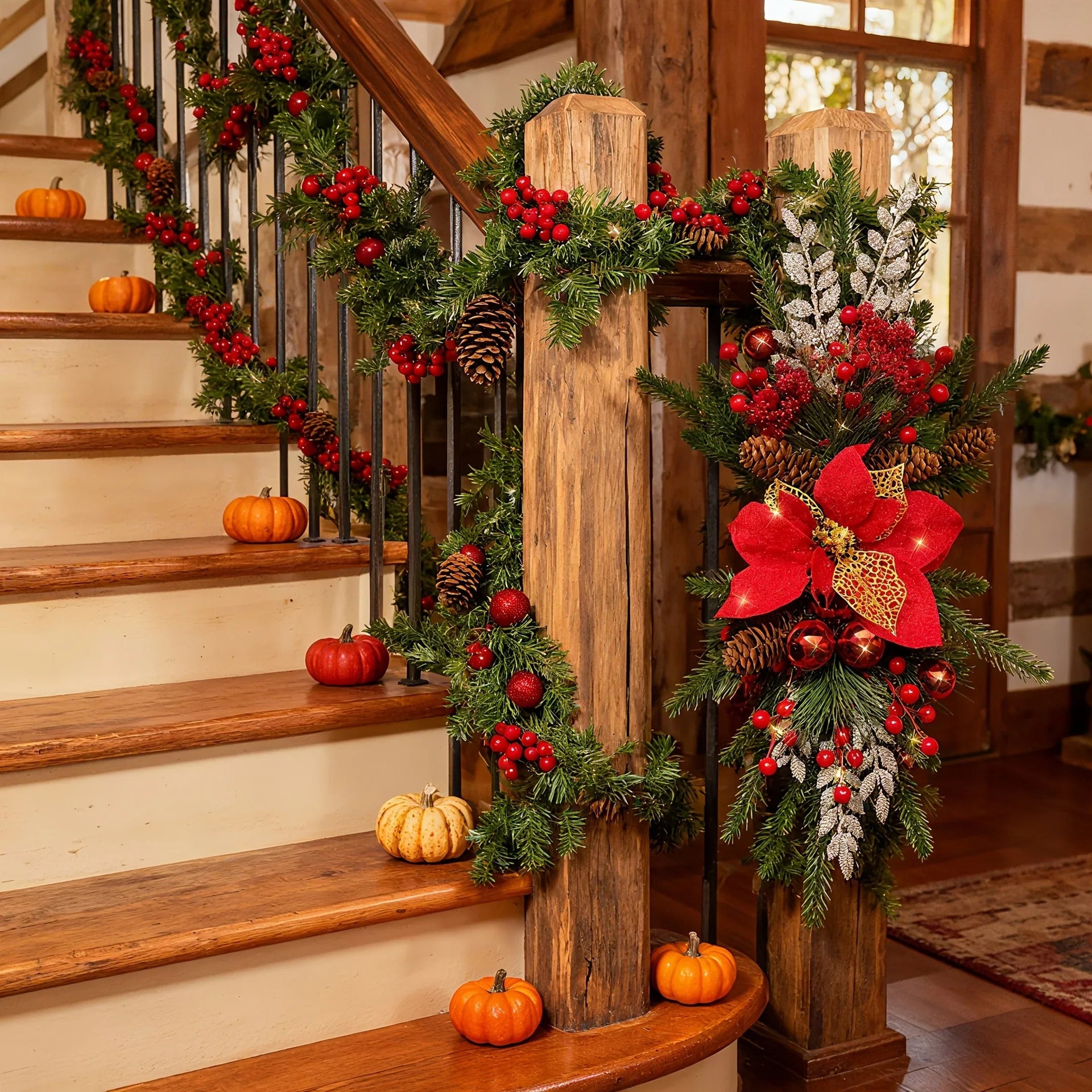 Plastic Christmas Garland 24-Inch Red with Poinsettias & Pine Cones