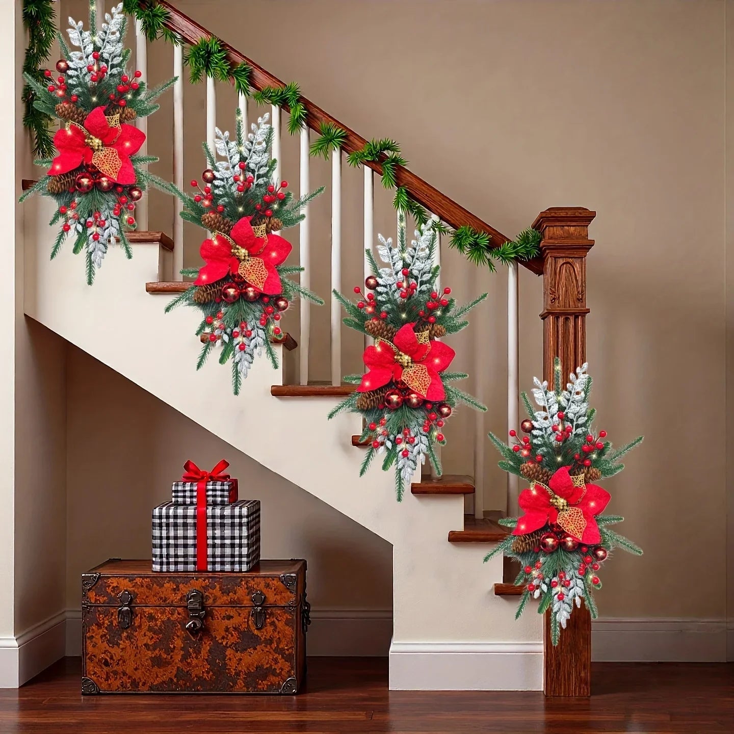 Plastic Christmas Garland 24-Inch Red with Poinsettias & Pine Cones