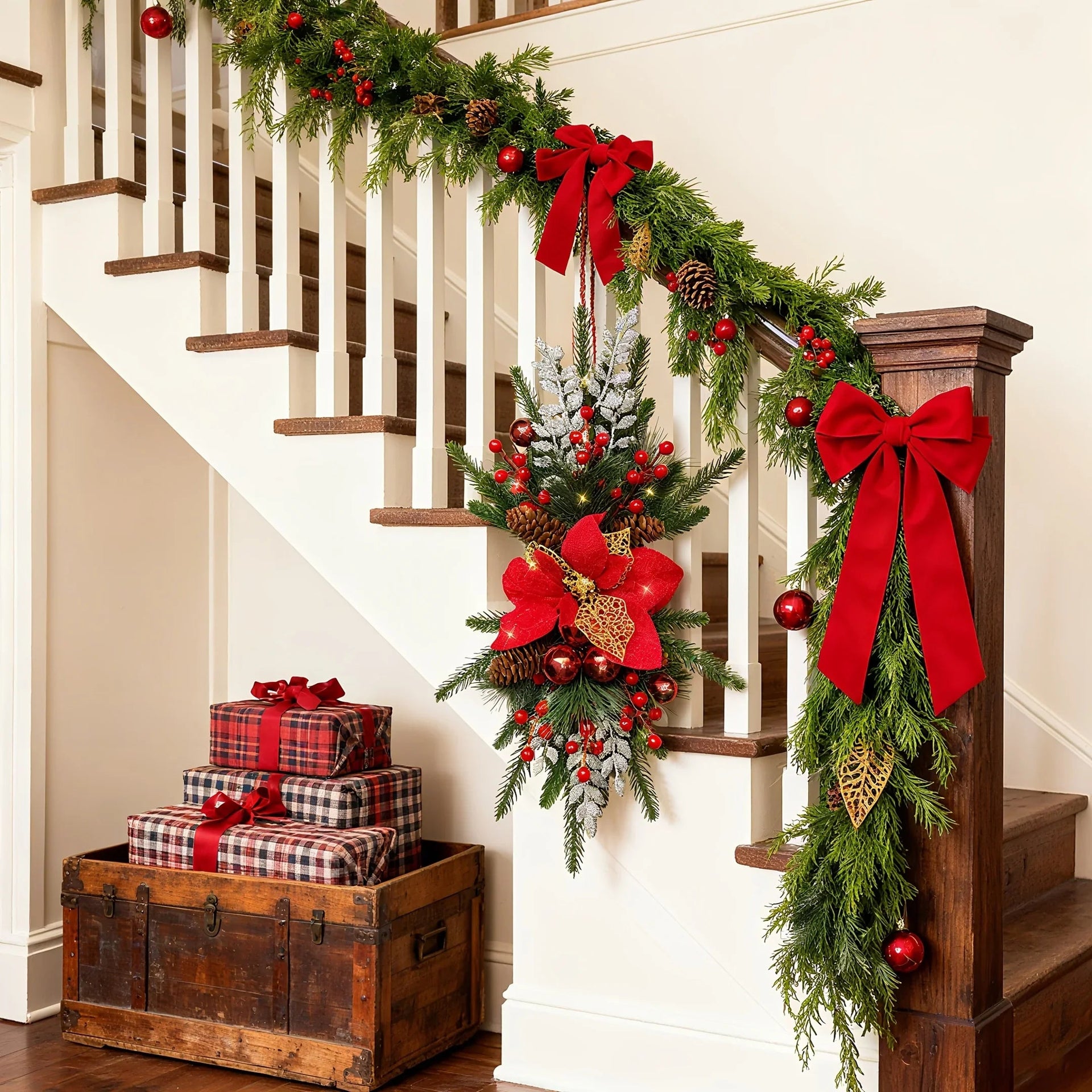 Plastic Christmas Garland 24-Inch Red with Poinsettias & Pine Cones