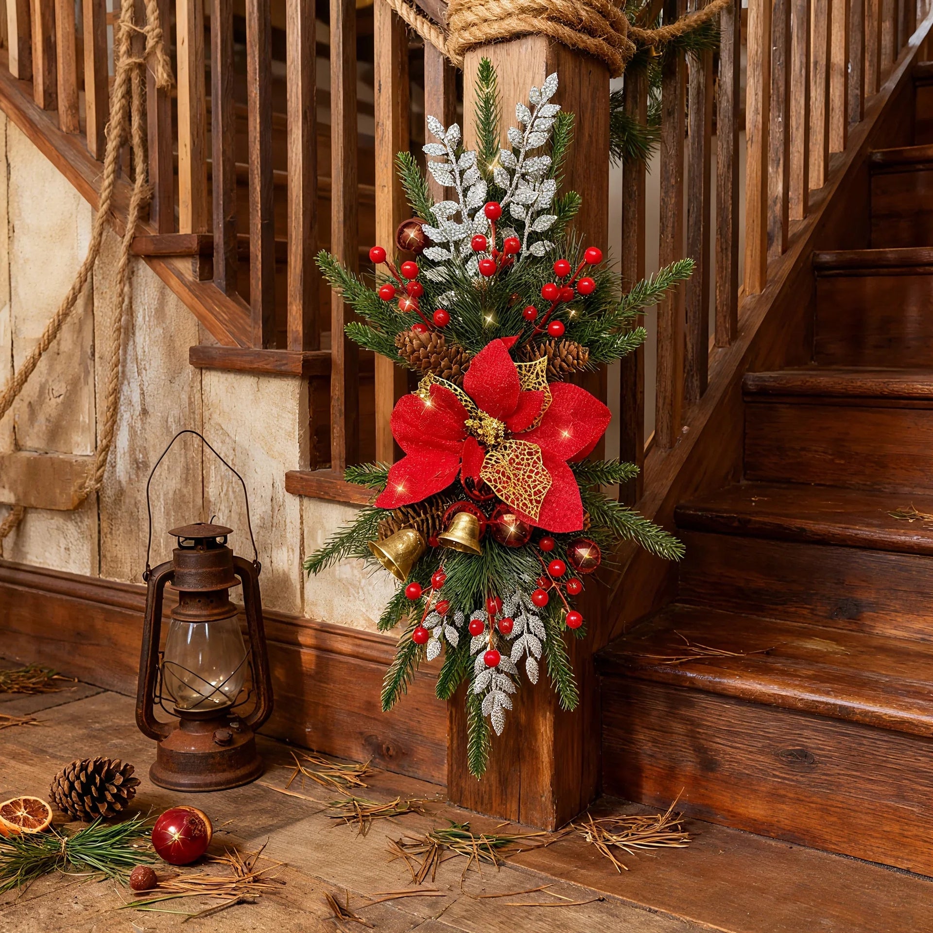 Plastic Christmas Garland 24-Inch Red with Poinsettias & Pine Cones