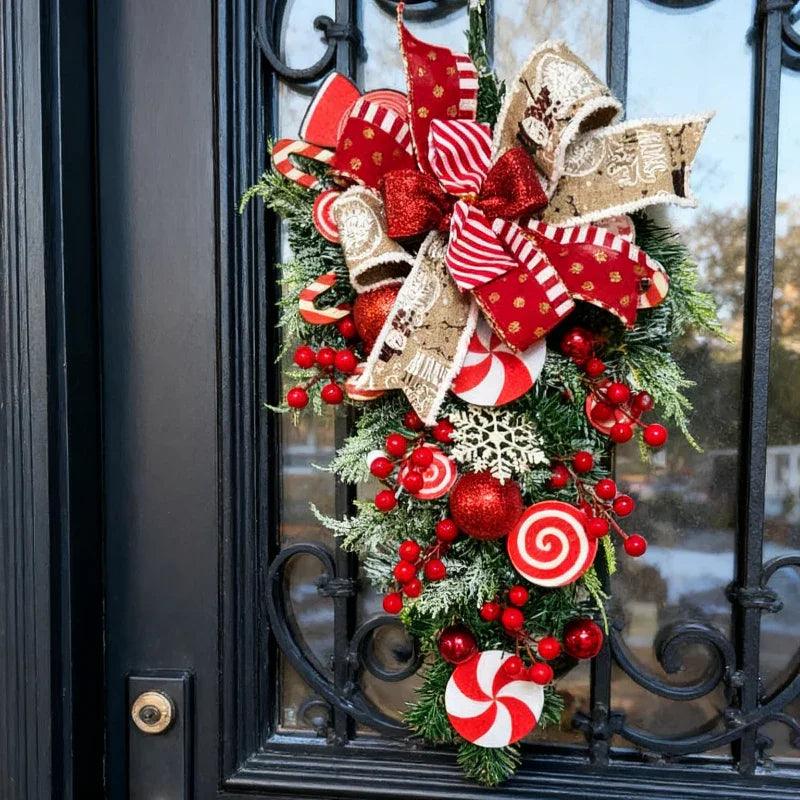 Plastic Christmas Wreath - Red & Candy Cane Design with Golden Bows