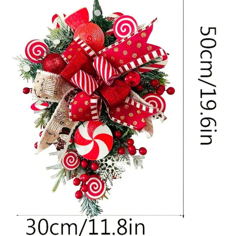 Plastic Christmas Wreath - Red & Candy Cane Design with Golden Bows