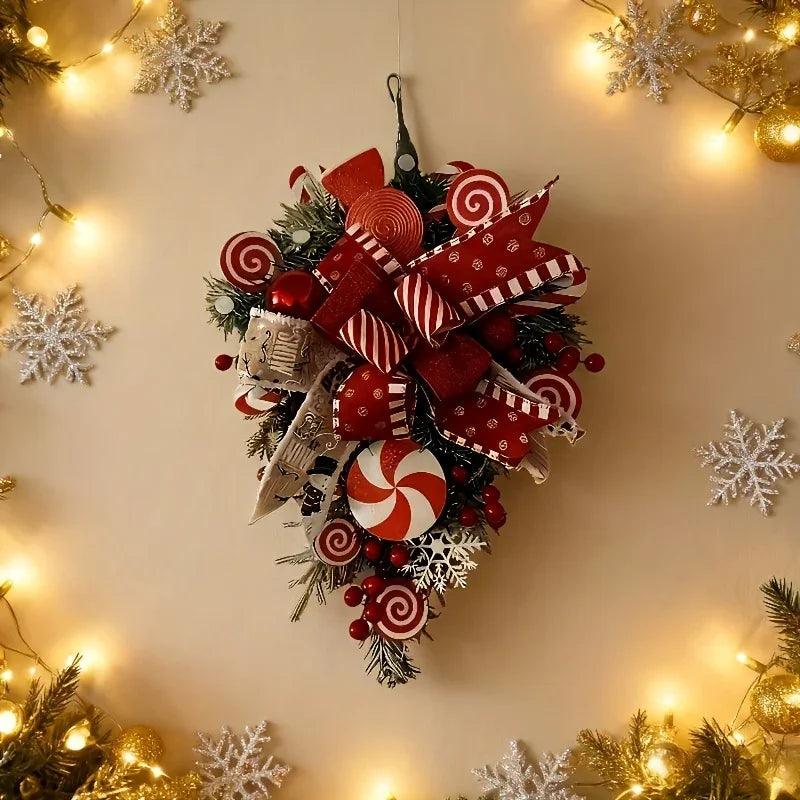 Plastic Christmas Wreath - Red & Candy Cane Design with Golden Bows