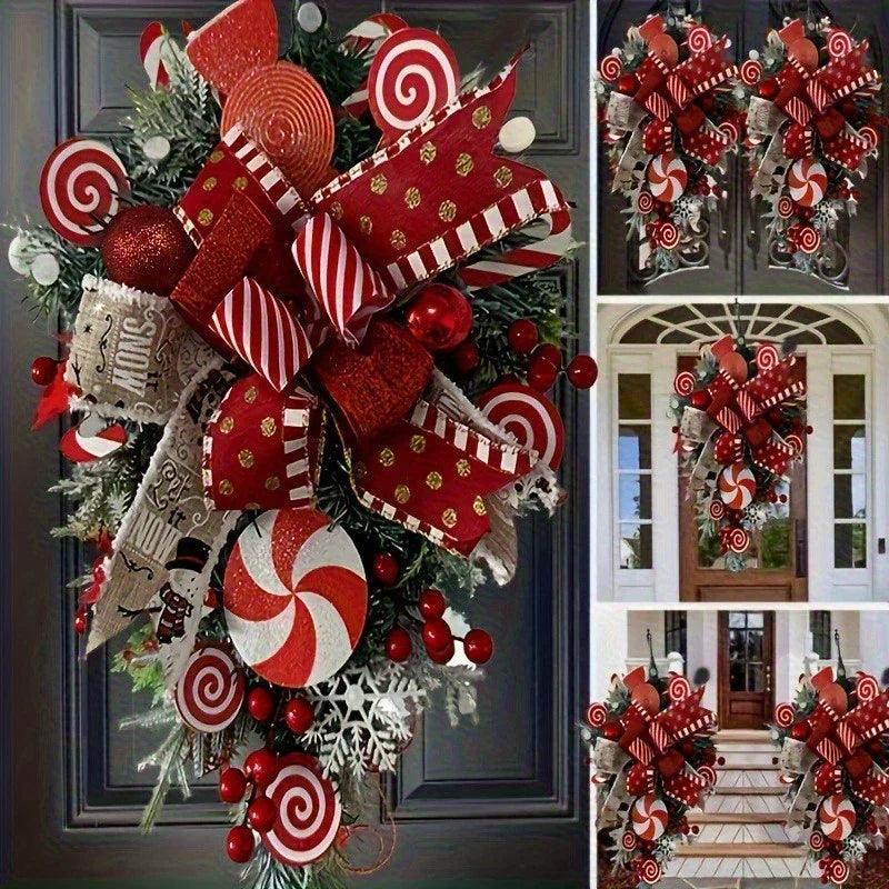 Plastic Christmas Wreath - Red & Candy Cane Design with Golden Bows