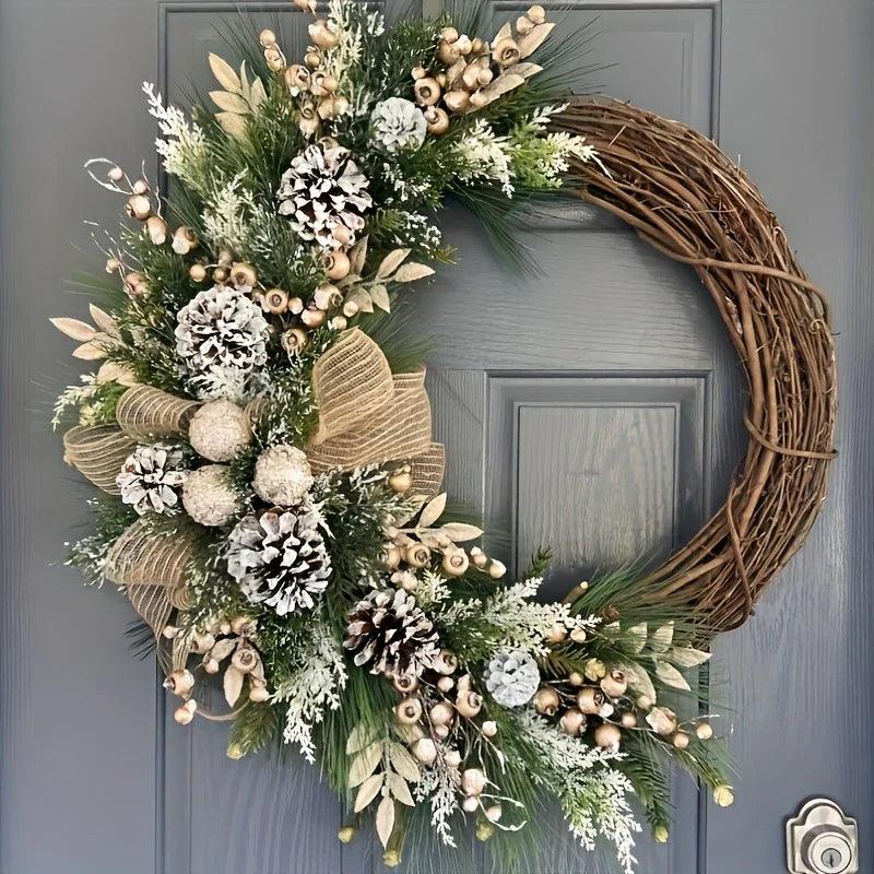 Plastic Christmas Wreath with Golden Accents and Pine Cones