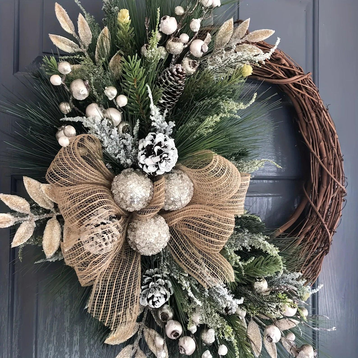 Plastic Christmas Wreath with Golden Accents and Pine Cones