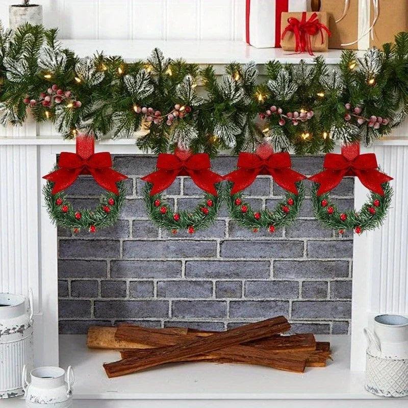 Plastic Mini Christmas Wreaths with Red Bow & Greenery