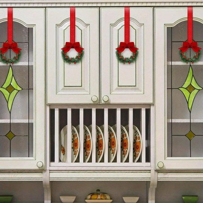 Plastic Mini Christmas Wreaths with Red Bow & Greenery