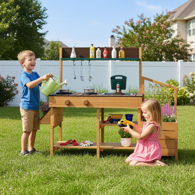 Play Kitchen for Kids Wooden Toy Kitchen Playset Pretend Mud Kitchen-Brown
