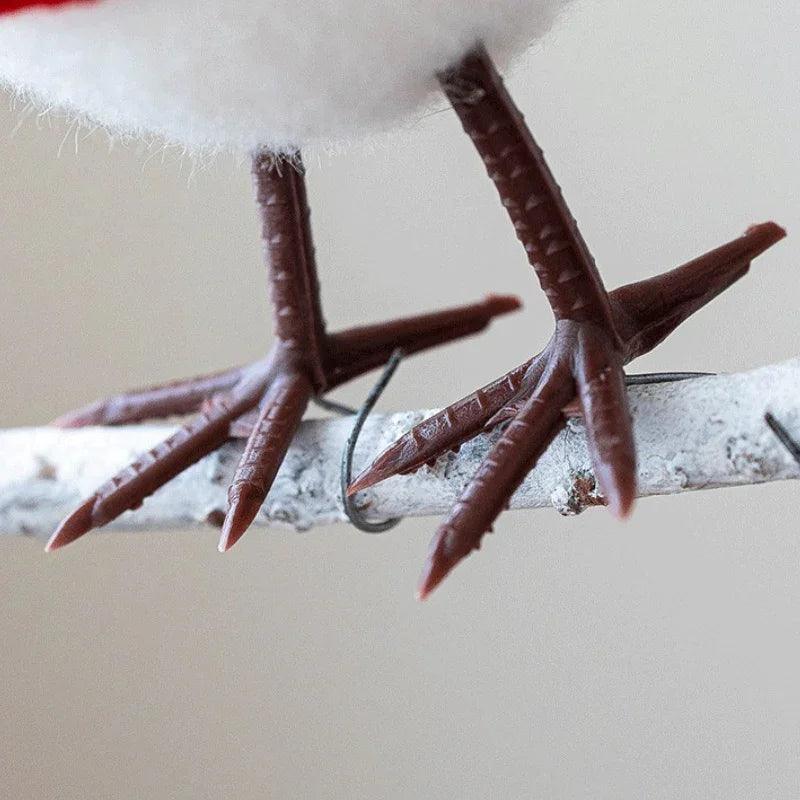 Plush Bird Christmas Ornament with Red Santa Hat & White Plumage