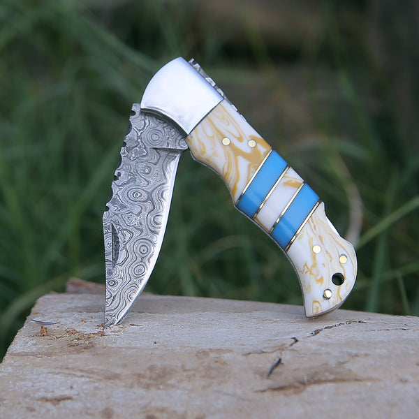 Orion Damascus Pocket Knife with Resin Handle