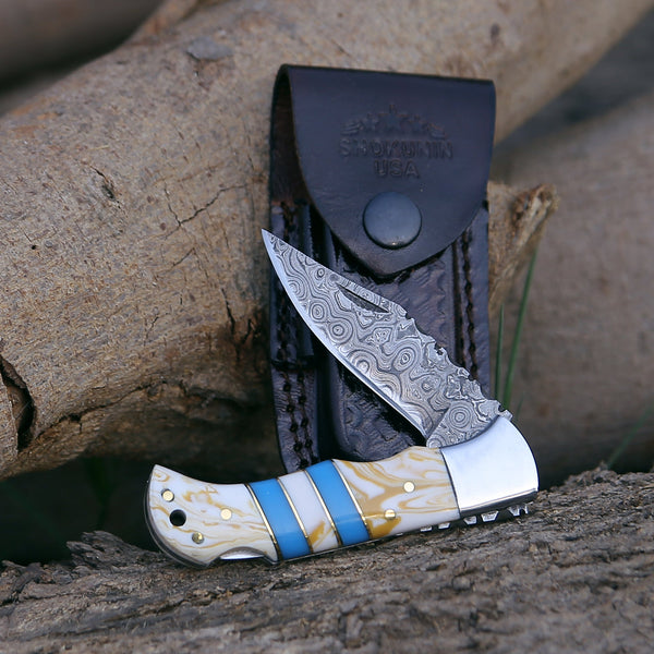 Orion Damascus Pocket Knife with Resin Handle