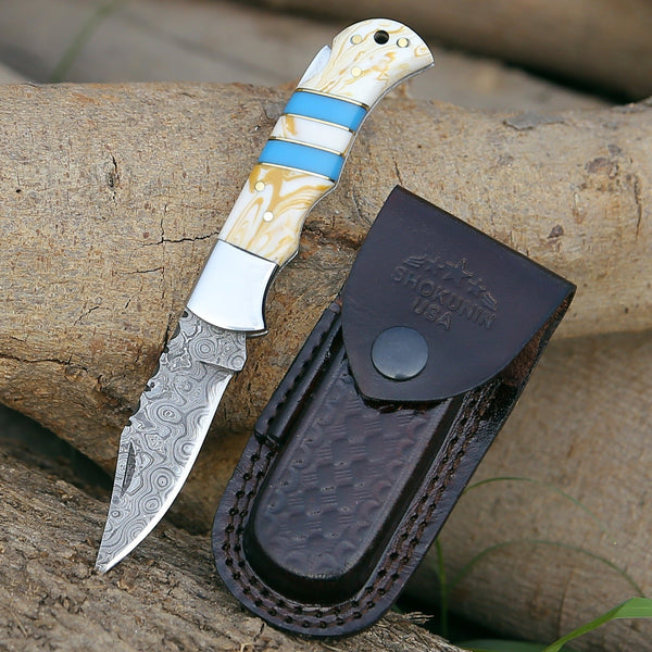Orion Damascus Pocket Knife with Resin Handle