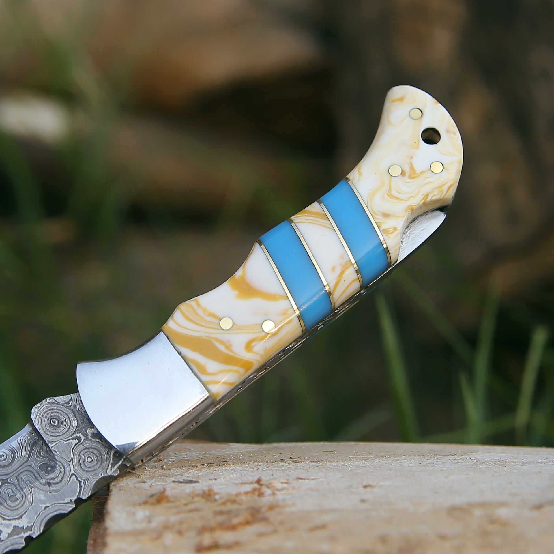 Orion Damascus Pocket Knife with Resin Handle