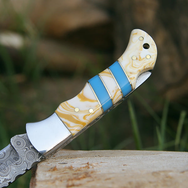 Orion Damascus Pocket Knife with Resin Handle