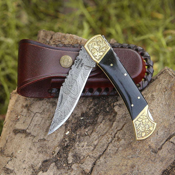 Ironstorm Handmade Damascus Pocket Knife Engraved with Leather Sheath & Horn Handle