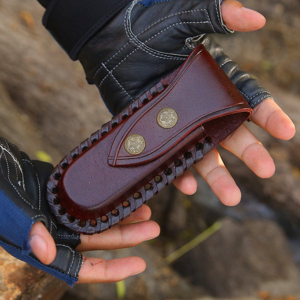 Ironstorm Handmade Damascus Pocket Knife Engraved with Leather Sheath & Horn Handle