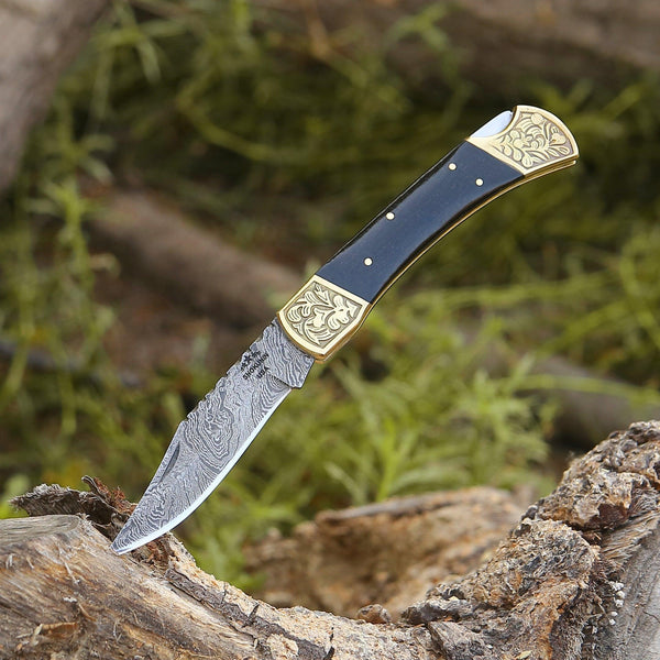 Ironstorm Handmade Damascus Pocket Knife Engraved with Leather Sheath & Horn Handle