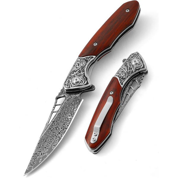 Artemis Japanese VG10 Damascus Pocket Knife with Clip & Exotic Red Sandal Wood Handle