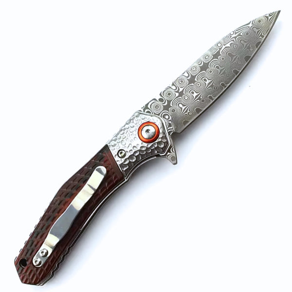 Wayfarer Japanese VG10 Damascus EDC Pocket Knife with Clip and Sandalwood Handle