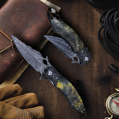 Blackbird Japanese EDC Pocket Knife with Stained Maple Burl Wood Handle