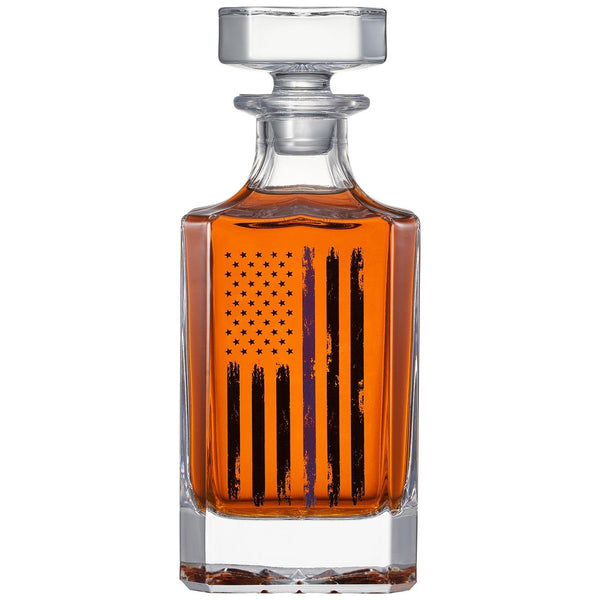 Police Tactical Blue Tattered American Flag Whiskey Decanter Gift Set | 730mL Decanter 2 Whiskey Glass | Law Enforcement Gift for Police Officer, Blue Rights, 2nd Amendment Gifts, PD Men, Dad, Him