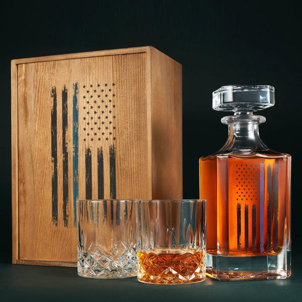Police Tactical Blue Tattered American Flag Whiskey Decanter Gift Set | 730mL Decanter 2 Whiskey Glass | Law Enforcement Gift for Police Officer, Blue Rights, 2nd Amendment Gifts, PD Men, Dad, Him