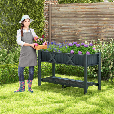 Poly Wood Elevated Planter Box with Legs Storage Shelf Drainage Holes-Black