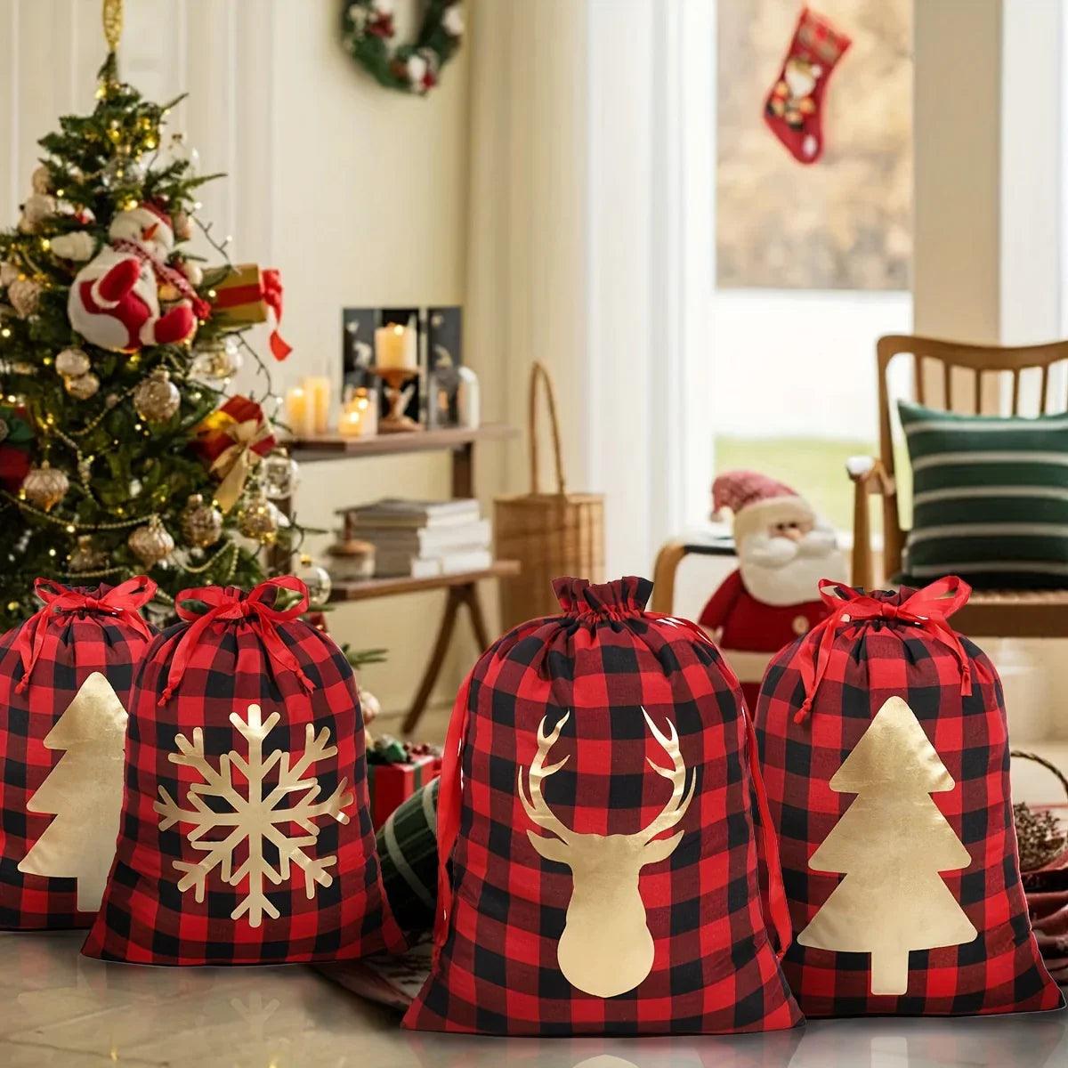 Polyester Christmas Gift Bags with Drawstring - Red & Checkered Medium Size