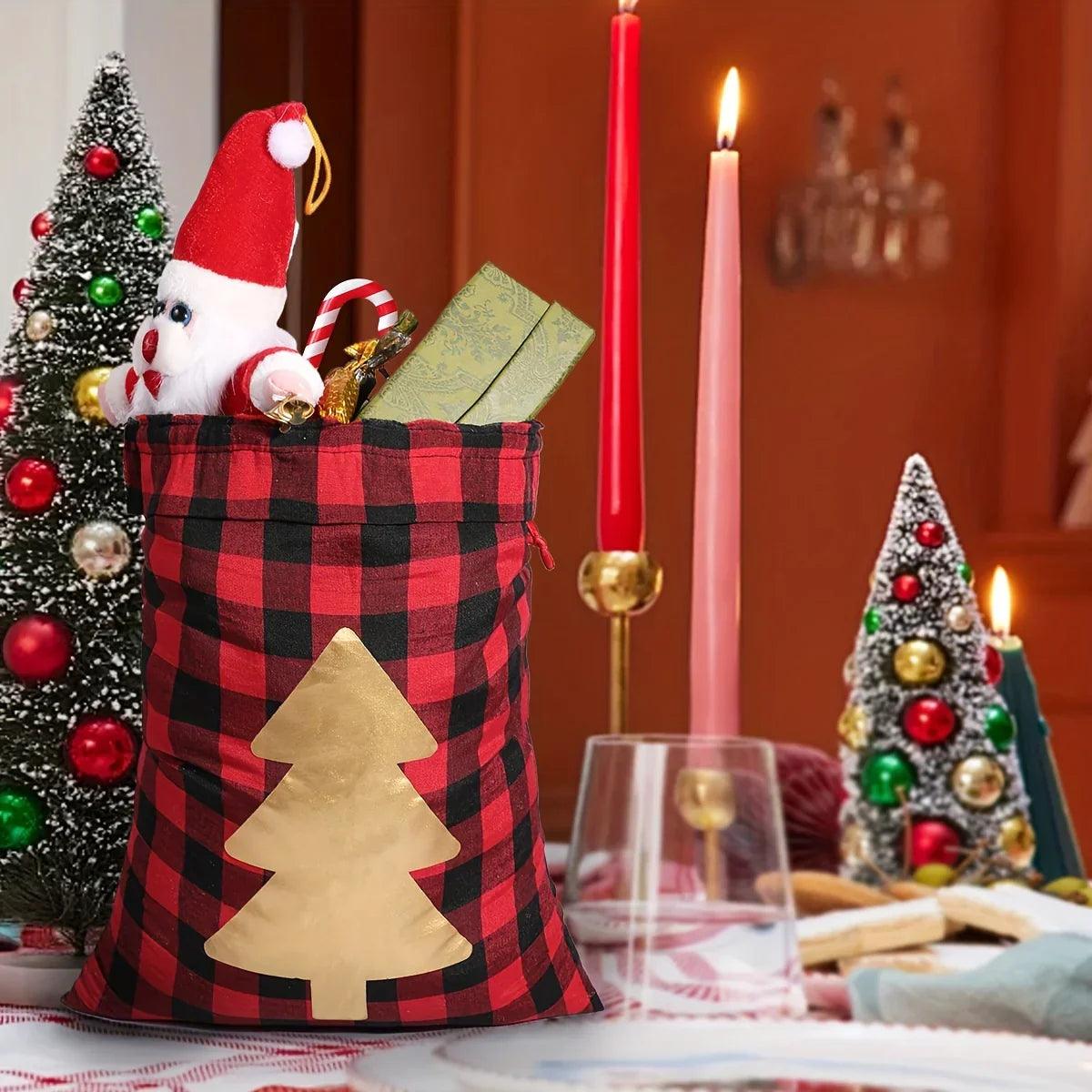 Polyester Christmas Gift Bags with Drawstring - Red & Checkered Medium Size